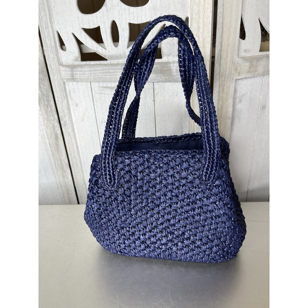Vintage 70’s Shoulder Bag Navy Straw Top Handle Handbag Kisslock Interior - Picture 4 of 7